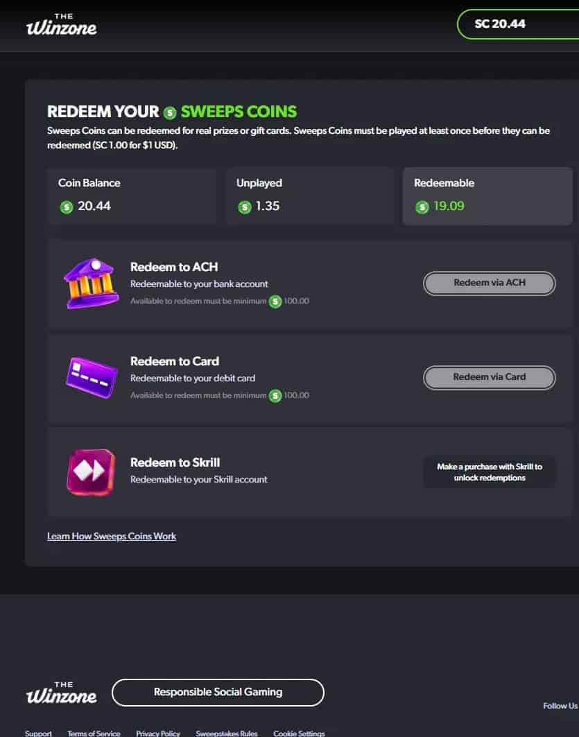 Redeem Sweeps Coins